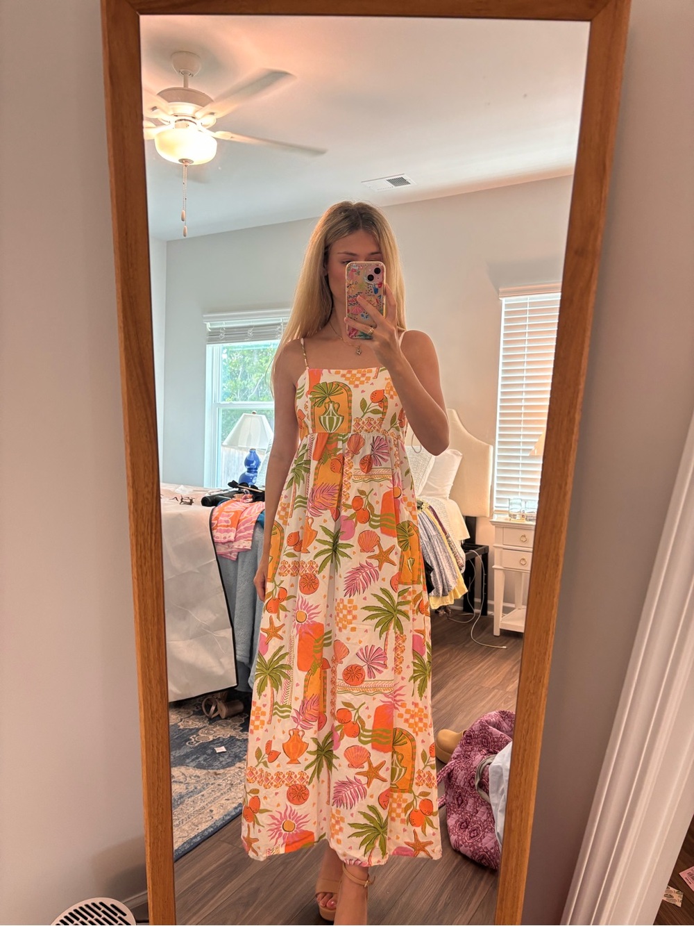 Womens Orange Floral Sundress - Sleeveless Maxi Dress